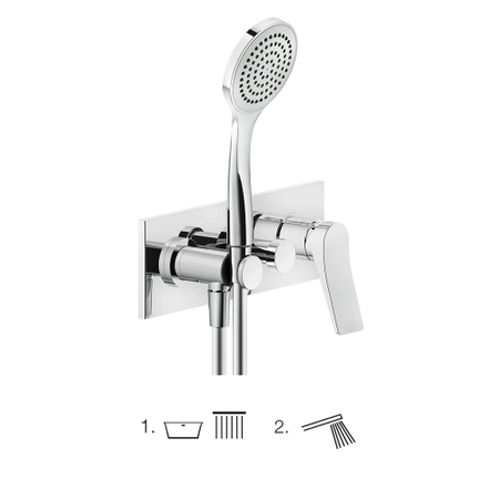 Immagine di Gessi RILIEVO miscelatore doccia a parete, 2 vie, con deviatore, presa acqua, supporto, flessibile 150 cm e doccetta anticalcare, senza corpo incasso, finitura cromo 59141#031