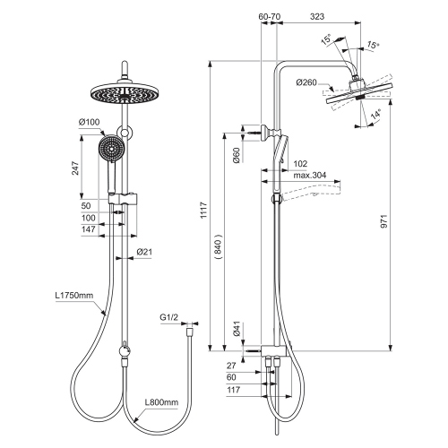 Immagine di Ideal Standard CERAFLOW T25+ colonna doccia con deviatore, soffione Ø 26 cm, supporto doccetta, doccetta Ø 10 cm e flessibile, finitura cromo BD747AA