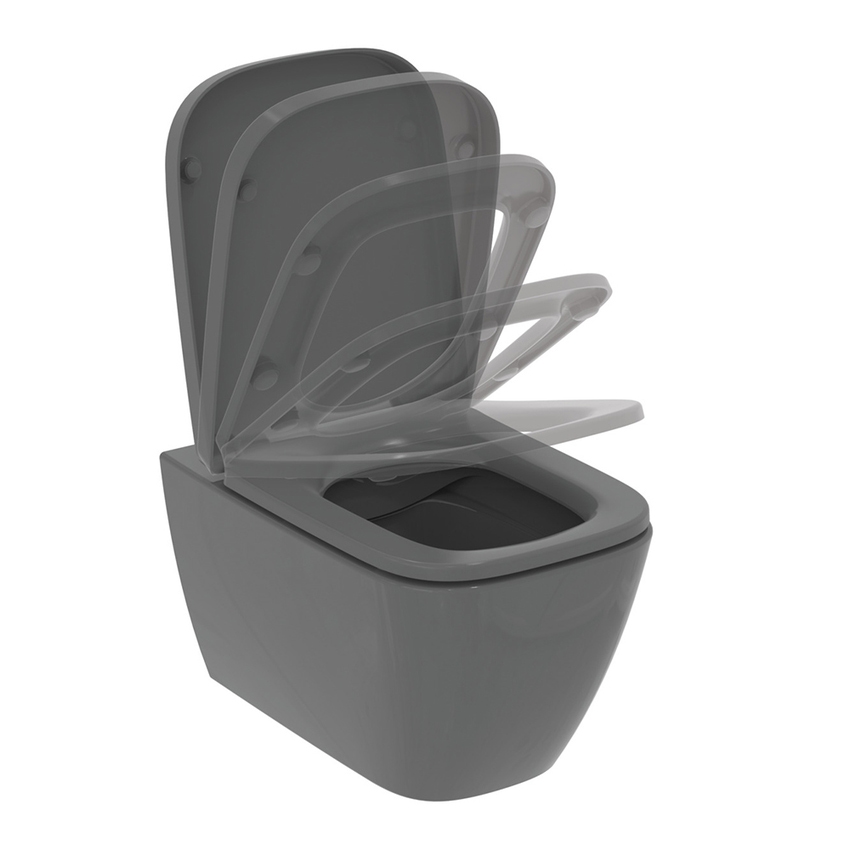 Immagine di Ideal Standard I.LIFE B set sanitari sospesi, vaso RimLS+ senza brida, con sedile avvolgente a discesa rallentata, bidet monoforo con troppopieno, colore grigio finitura lucido T461458+T500358+T461458