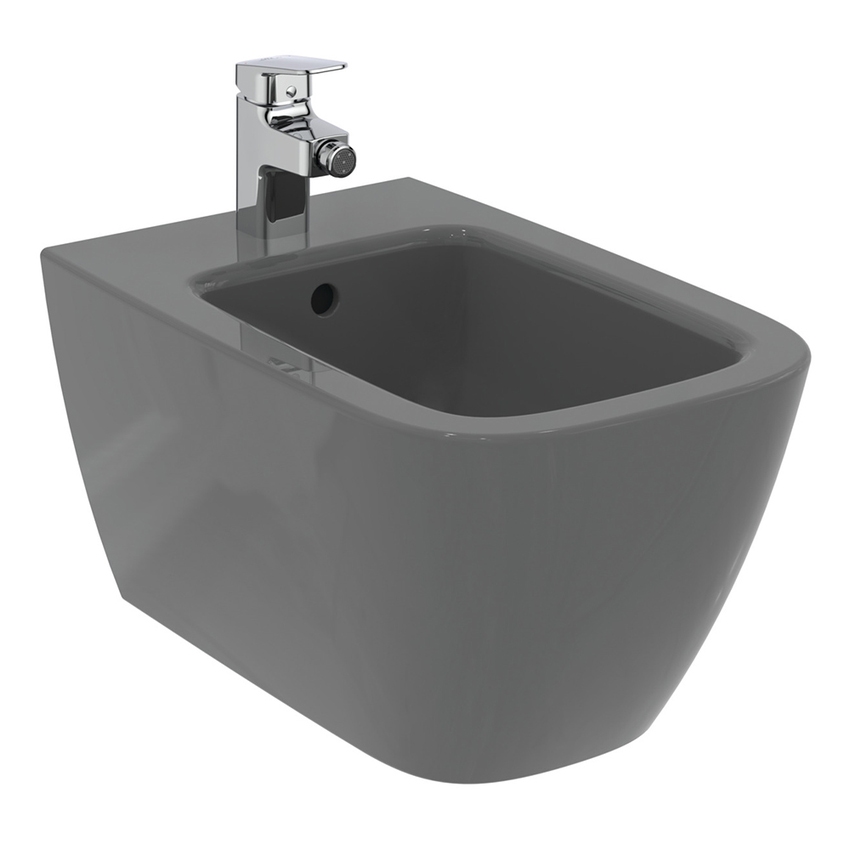 Immagine di Ideal Standard I.LIFE B set sanitari sospesi, vaso RimLS+ senza brida, con sedile avvolgente a discesa rallentata, bidet monoforo con troppopieno, colore grigio finitura lucido T461458+T500358+T461458