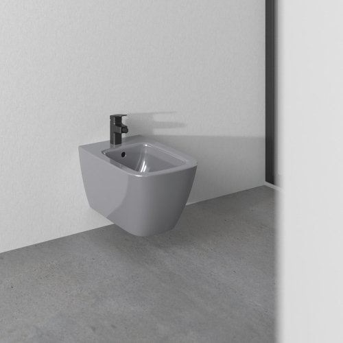 Immagine di Ideal Standard I.LIFE B set sanitari sospesi, vaso RimLS+ senza brida, con sedile avvolgente a discesa rallentata, bidet monoforo con troppopieno, colore grigio finitura lucido T461458+T500358+T461458