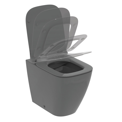 Immagine di Ideal Standard I.LIFE B set sanitari a terra, vaso filo parete senza brida, con sedile avvolgente a discesa rallentata, bidet monoforo con troppopieno, colore grigio finitura lucido T461658+T500358+T461758