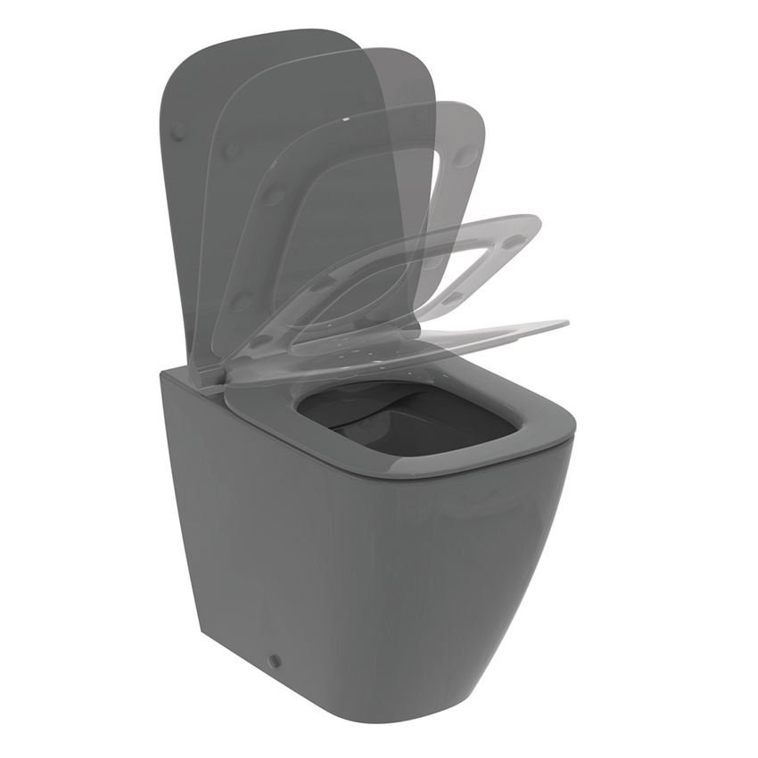 Immagine di Ideal Standard I.LIFE B set sanitari a terra, vaso filo parete senza brida, con sedile avvolgente a discesa rallentata, bidet monoforo con troppopieno, colore grigio finitura lucido T461658+T500358+T461758