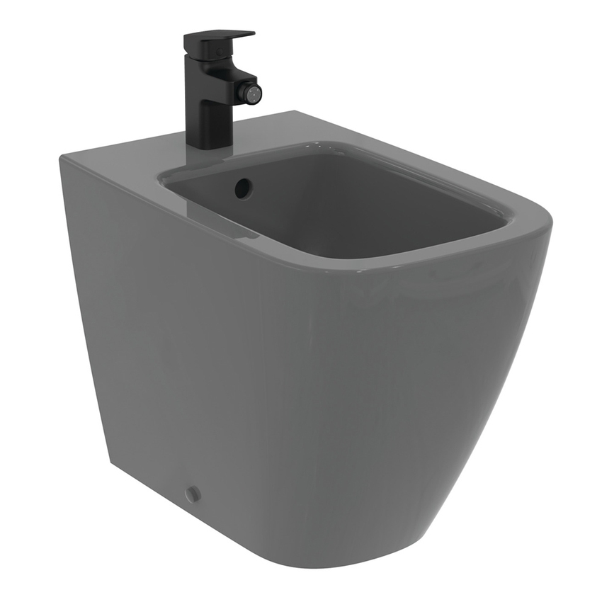 Immagine di Ideal Standard I.LIFE B set sanitari a terra, vaso filo parete senza brida, con sedile avvolgente a discesa rallentata, bidet monoforo con troppopieno, colore grigio finitura lucido T461658+T500358+T461758