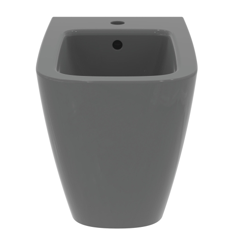 Immagine di Ideal Standard I.LIFE B set sanitari a terra, vaso filo parete senza brida, con sedile avvolgente a discesa rallentata, bidet monoforo con troppopieno, colore grigio finitura lucido T461658+T500358+T461758