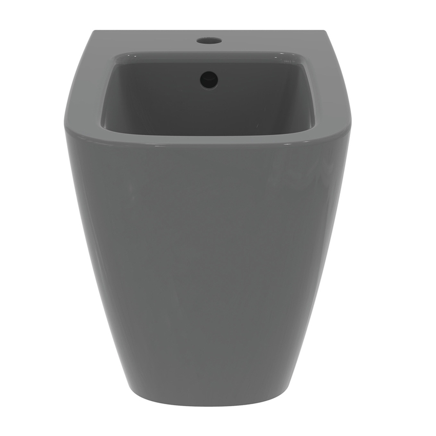 Immagine di Ideal Standard I.LIFE B set sanitari a terra, vaso filo parete senza brida, con sedile avvolgente a discesa rallentata, bidet monoforo con troppopieno, colore grigio finitura lucido T461658+T500358+T461758
