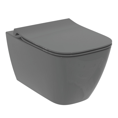 Immagine di Ideal Standard I.LIFE B set sanitari a terra, vaso filo parete senza brida, con sedile avvolgente a discesa rallentata, bidet monoforo con troppopieno, colore grigio finitura lucido T461658+T500358+T461758