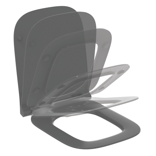 Immagine di Ideal Standard I.LIFE B set sanitari a terra, vaso filo parete senza brida, con sedile avvolgente a discesa rallentata, bidet monoforo con troppopieno, colore grigio finitura lucido T461658+T500358+T461758