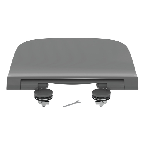 Immagine di Ideal Standard I.LIFE B set sanitari a terra, vaso filo parete senza brida, con sedile avvolgente a discesa rallentata, bidet monoforo con troppopieno, colore grigio finitura lucido T461658+T500358+T461758