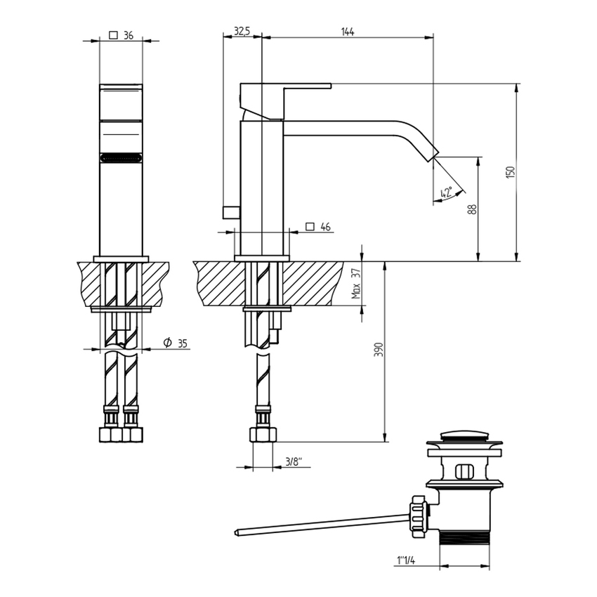 Immagine di Bellosta B-DUE miscelatore lavabo H.15 P.18 cm, monoforo, con bocca prolungata, con scarico, finitura cromo 01-7905/PL