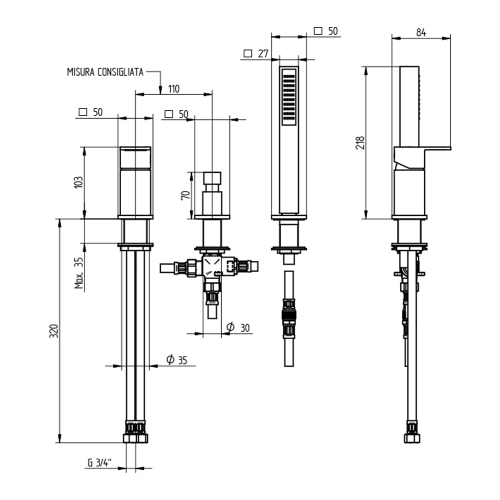 Immagine di Bellosta B-DUE miscelatore per bordo vasca, senza bocca, con deviatore, flessibile 150 cm e doccetta monogetto, senza scarico, finitura cromo 01-7901/20/AL