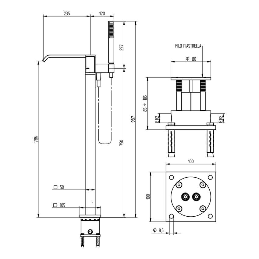 Immagine di Bellosta B-DUE miscelatore vasca a pavimento, con deviatore, flessibile 150 cm e doccetta monogetto, senza corpo incasso, finitura cromo 01-7901/4/AL/E