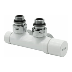 Immagine di Irsap kit gruppo valvola e detentore a squadro reverse, termostatizzabile attacco rame/multistrato 1/2", passo 50 mm, con pre regolazione, colore bianco standard finitura lucido Cod.01 VALKIT50SQUCU01