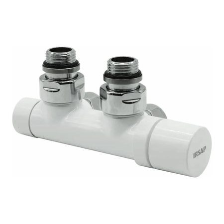 Immagine di Irsap kit gruppo valvola e detentore a squadro reverse, termostatizzabile attacco rame/multistrato 1/2", passo 50 mm, con pre regolazione, colore bianco standard finitura lucido Cod.01 VALKIT50SQUCU01