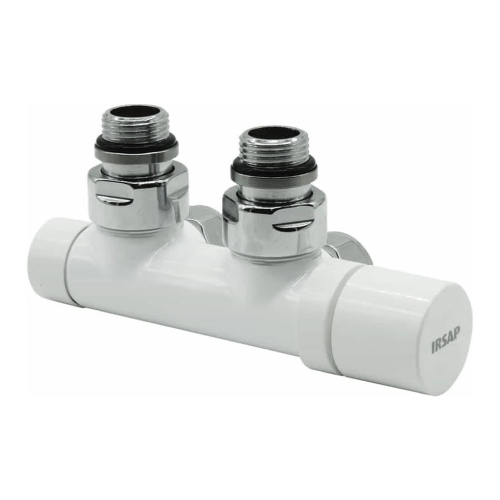 Immagine di Irsap kit gruppo valvola e detentore a squadro reverse, termostatizzabile attacco rame/multistrato 1/2", passo 50 mm, con pre regolazione, colore bianco standard finitura lucido Cod.01 VALKIT50SQUCU01