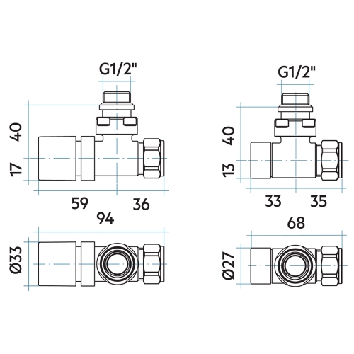 Immagine di Irsap kit valvola detentore a squadro, con pre regolazione, termostatizzabile, attacco ferro 1/2", colore bianco standard finitura lucido VALKITSQUFE01