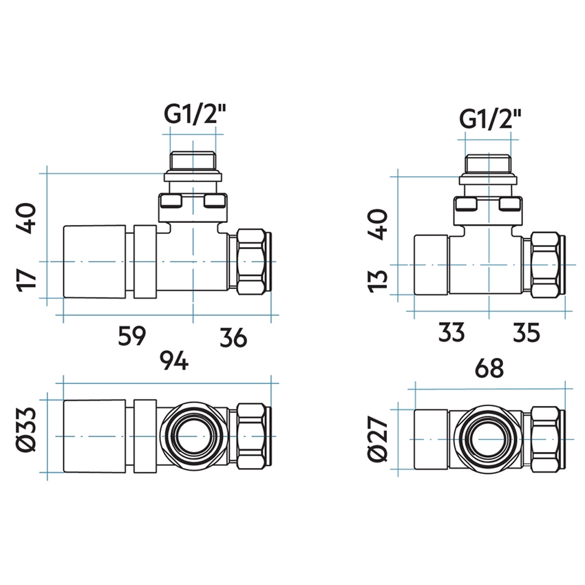 Immagine di Irsap kit valvola detentore a squadro, con pre regolazione, termostatizzabile, attacco ferro 1/2", colore bianco standard finitura lucido VALKITSQUFE01