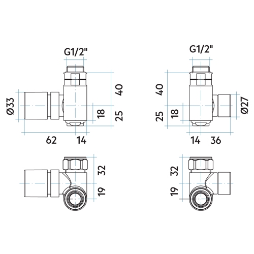 Immagine di Irsap kit valvola destra e detentore sinistro a squadro SALVASPAZIO, termostatizzabile per funzionamento misto, attacco rame/multistrato da 1/2", colore bianco standard finitura lucido VALKITSQMIST01