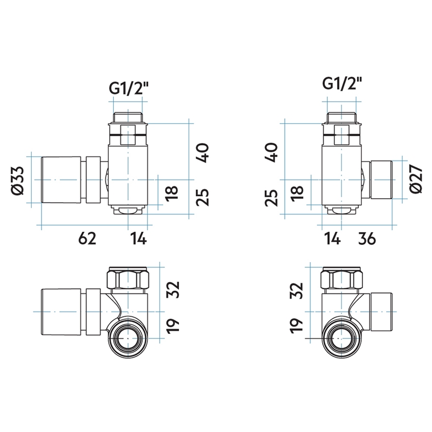 Immagine di Irsap kit valvola destra e detentore sinistro a squadro SALVASPAZIO, termostatizzabile per funzionamento misto, attacco rame/multistrato da 1/2", colore bianco standard finitura lucido VALKITSQMIST01