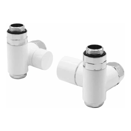 Immagine di Irsap kit valvola destra e detentore sinistro a squadro SALVASPAZIO, termostatizzabile per funzionamento misto, attacco rame/multistrato da 1/2", colore bianco standard finitura lucido VALKITSQMIST01