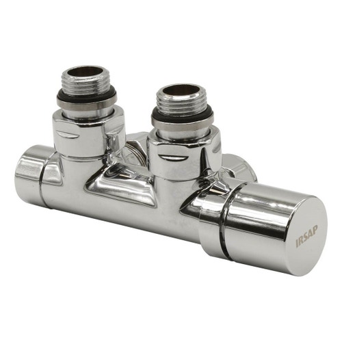 Immagine di Irsap kit gruppo valvola e detentore a squadro reverse, termostatizzabile attacco rame/multistrato 1/2", passo 50 mm, con pre regolazione, finitura cromo VALKIT50SQUCU50