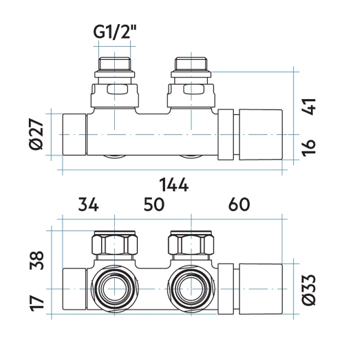 Immagine di Irsap kit gruppo valvola e detentore a squadro reverse, termostatizzabile attacco rame/multistrato 1/2", passo 50 mm, con pre regolazione, finitura cromo VALKIT50SQUCU50