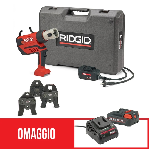 Immagine di Ridgid RP 350-C Pressatrice a pistola con ganasce TH 16-20-26 mm, con adattatore per alimentazione 220 V (con cavo da 5 m) e cassetta di trasporto + omaggio batteria 18 V 2.5 Ah e caricabatterie 67143+56513+56523