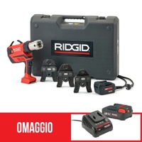 Immagine di Ridgid RP 350-C Pressatrice a pistola con ganasce M 15-18-22 mm, con adattatore per alimentazione 220 V (con cavo da 5 m) e cassetta di trasporto + omaggio batteria 18 V 2.5 Ah e caricabatterie 69808+56513+56523