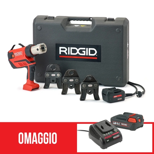 Immagine di Ridgid RP 350-C Pressatrice a pistola con ganasce V 15-22-28 mm, con adattatore per alimentazione 220 V (con cavo da 5 m) e cassetta di trasporto + omaggio batteria 18 V 2.5 Ah e caricabatterie 67133+56513+56523
