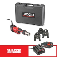 Immagine di Ridgid RP 351-C Pressatrice in linea con ganasce TH 16-20-26 mm, con adattatore per alimentazione 220 V (con cavo da 5 m) e cassetta di trasporto + omaggio batteria 18 V 2.5 Ah e caricabatterie 67283+56513+56523