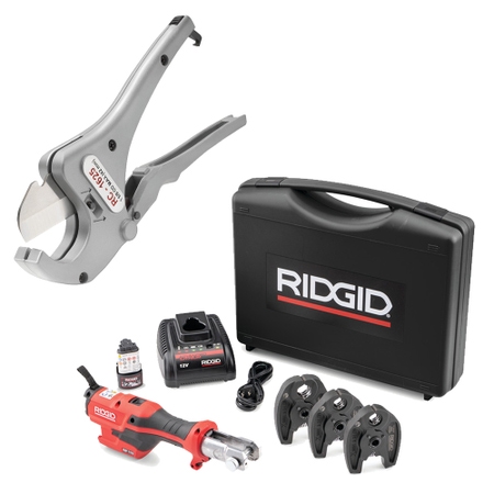 Immagine di Ridgid Kit composto da RP 115 pressatrice 15 kN con caricabatterie da 12 V, batteria al litio Advanced 12 V 2.5 Ah, cassetta di trasporto e ganasce TH16-20-26 e cesoia con azione a cricco per tubi in plastica, diametro effettivo 1/8"-1 5/8" 76968+23498