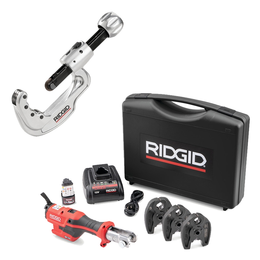 Immagine di Ridgid Kit composto da RP 115 pressatrice 15 kN a batteria con caricabatterie, batteria Advanced 12 V 2.5 Ah, cassetta di trasporto e ganasce M15-18-22 e tagliatubi per tubi in acciaio inox capacità 1/4"-1-3/8" 76948+29963