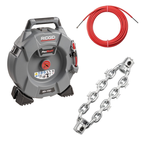 Immagine di Ridgid Kit composto da FlexShaft K9-204+ stasatrice per pulizia scarichi per tubi da 2"-4", con cavo da 21,3 m, demolitore FlexShaft K9-204, per tubi 50 mm con 2 catene e cavo FlexShaft DeadCore da 5/16" x 70' 76198+66578+76328