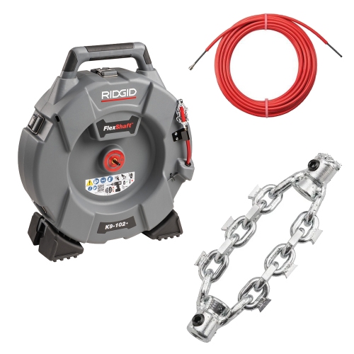 Immagine di Ridgid Kit composto da FlexShaft K9-102+ stasatrice per pulizia scarichi per tubi da 1" 1/4 - 2", con cavo da 15,2 m, demolitore FlexShaft K9-102, per tubi 40 - 50 mm con 2 catene e cavo FlexShaft DeadCore da 1/4" x 50' 76193+66573+76318
