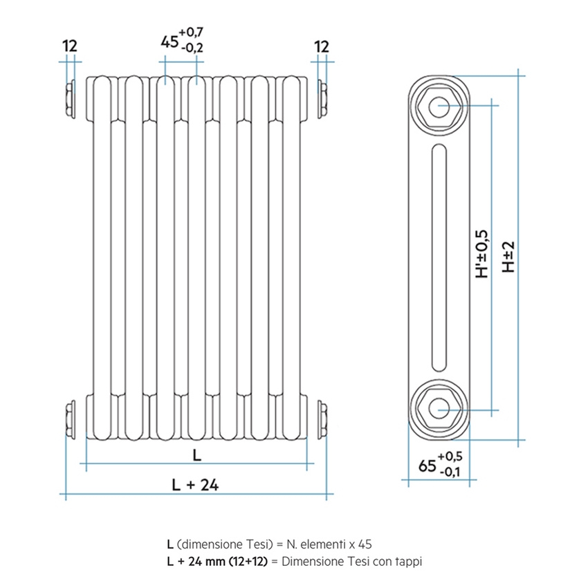 Immagine di Irsap TESI 2 Radiatore 6 elementi H.150 L.27 P.6,5 cm, colore quartz 2 finitura ruvido Cod.2C (con tappi) RT21500062CIR02N02