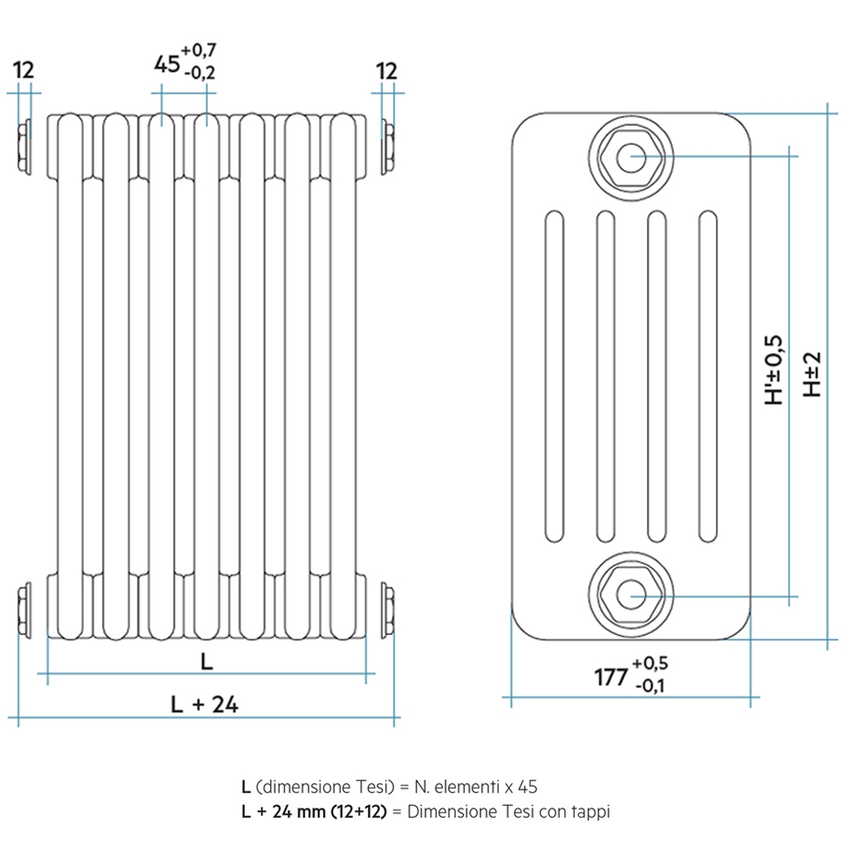 Immagine di Irsap TESI 5 Radiatore 21 elementi H.68,5 L.94,5 P.17,7 cm, colore bianco standard finitura lucido Cod.01 (senza tappi) RT506852101IRNON01