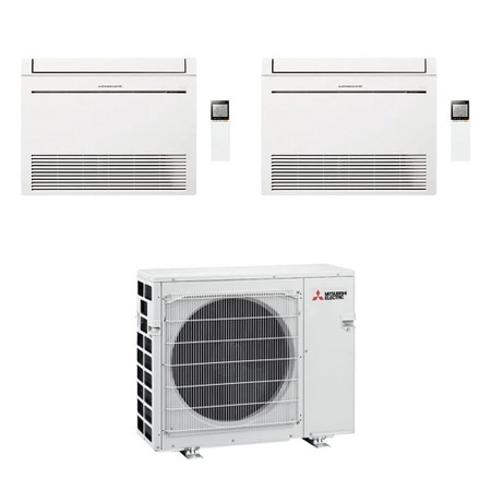 Immagine di Mitsubishi MFZ-KT Console R32 Climatizzatore a pavimento dual split inverter bianco | unità esterna VFHZ 5.3 kW unità interne 9000+9000 BTU MXZ-2F53VFHZ+MFZ-KT[25|25]VG