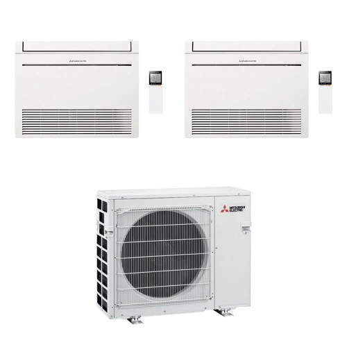 Immagine di Mitsubishi MFZ-KT Console R32 Climatizzatore a pavimento dual split inverter bianco | unità esterna VFHZ 5.3 kW unità interne 9000+9000 BTU MXZ-2F53VFHZ+MFZ-KT[25|25]VG