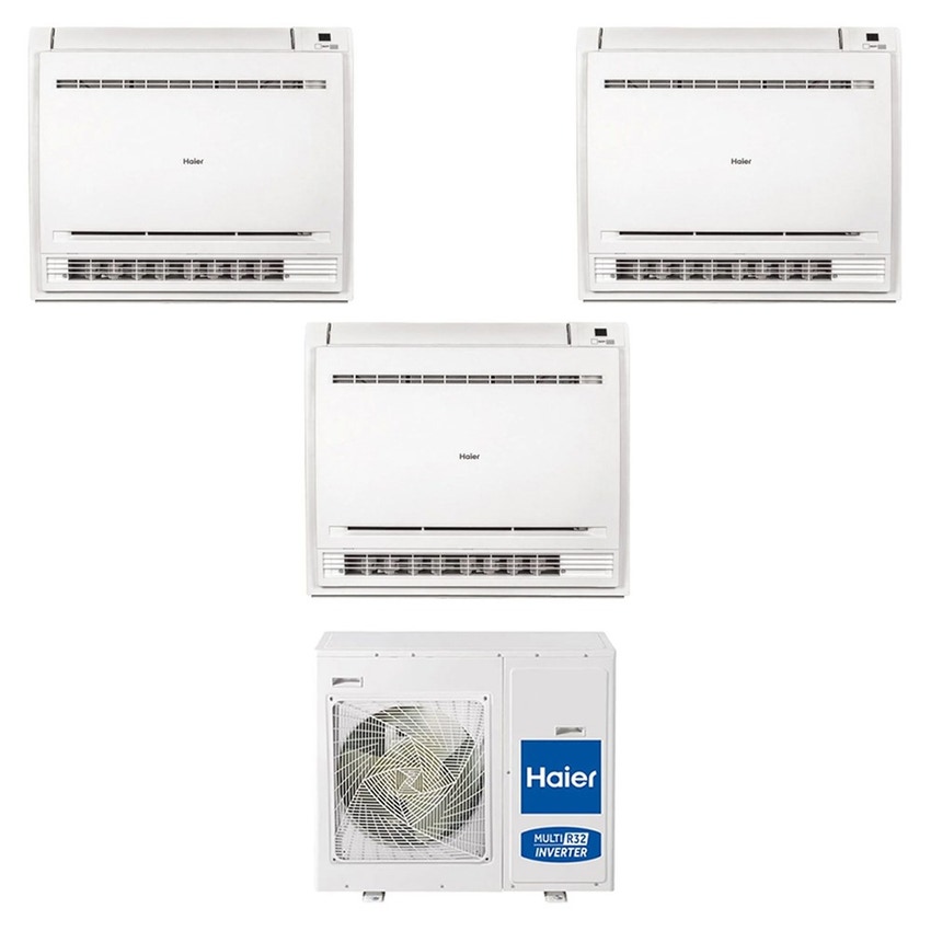 Immagine di Haier CONSOLE R32 Climatizzatore console da pavimento trial split inverter bianco | unità esterna 8.5 kW unità interne 9000+15000+15000 BTU 4U85S2SR5FA+AF[25|42|42]S2SD1FA(D)