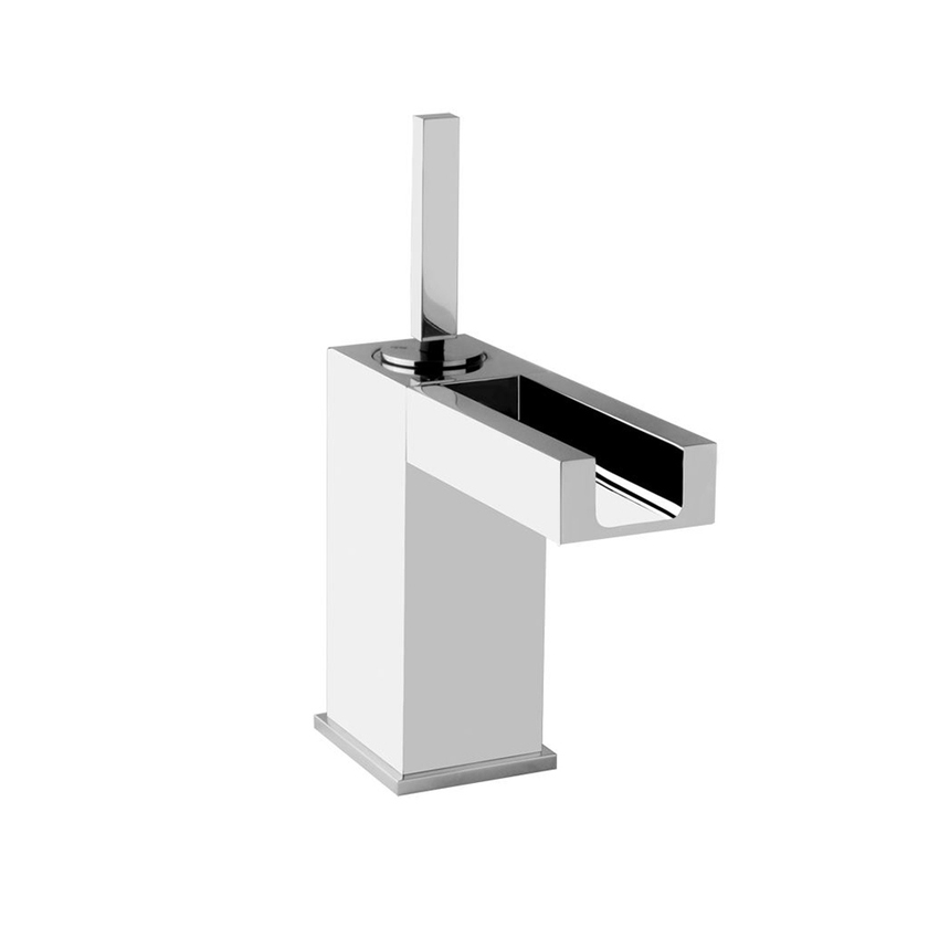 Immagine di Gessi RETTANGOLO CASCATA COLOUR miscelatore joystick per lavabo con scarico, flessibili di collegamento e sistema di illuminazione, finitura cromo 30902#031