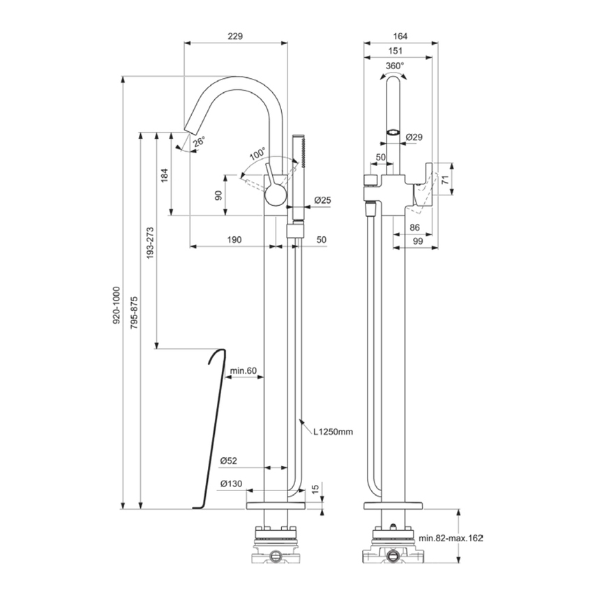 Immagine di Ideal Standard JOY miscelatore per vasca o doccia a pavimento, con tecnologia FirmaFlow, senza corpo incasso, finitura cromo BD461AA
