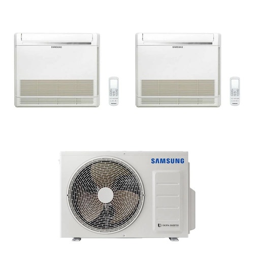 Immagine di Samsung CONSOLE R32 Climatizzatore a pavimento dual split inverter bianco | unità esterna 4 kW unità interne 9000+12000 BTU AJ040TXJ2KG/EU+AJ0[26|35]TNJDKG/EU
