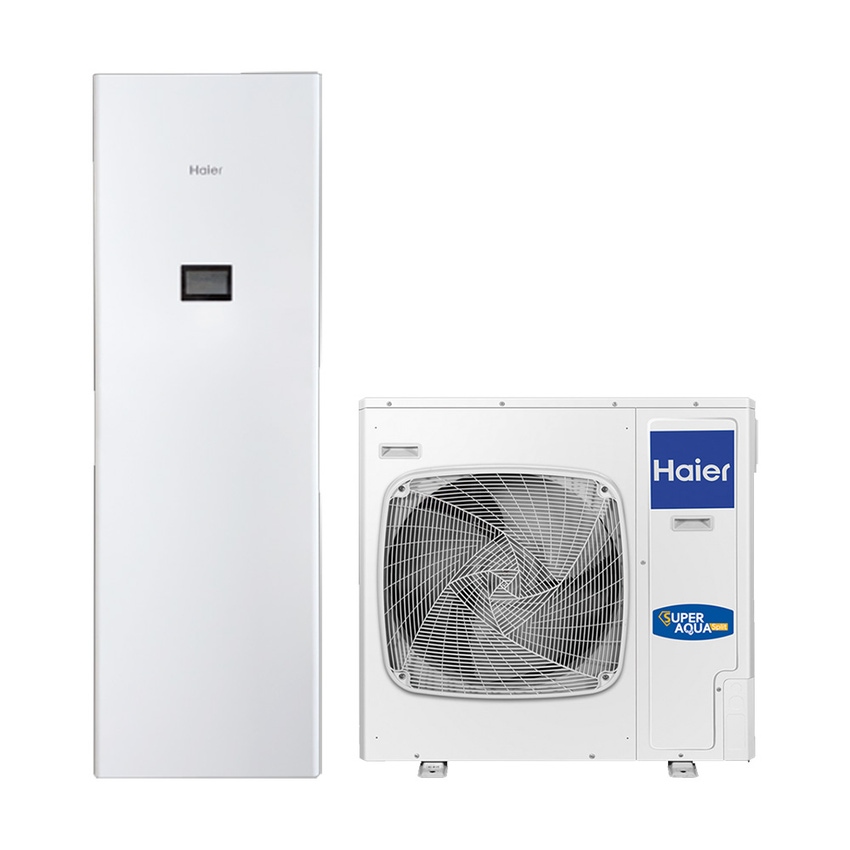 Immagine di Haier ALL IN ONE 10 Pompa di calore aria-acqua reversibile splittata Inverter 10.0 kW e serbatoio da 200 litri per riscaldamento, raffrescamento e produzione ACS 25023110Z+25013111Z