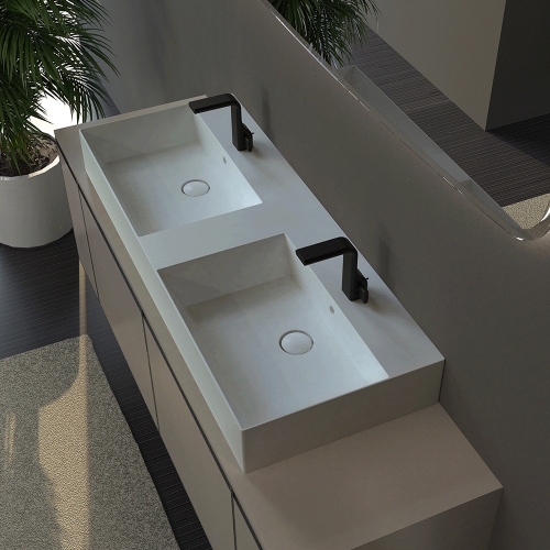 Immagine di Flaminia APPLIGHT 120 lavabo L.120 P.47 cm doppia vasca, da appoggio o sospeso con piano rubinetteria, con troppopieno, colore bianco finitura lucido AP120L