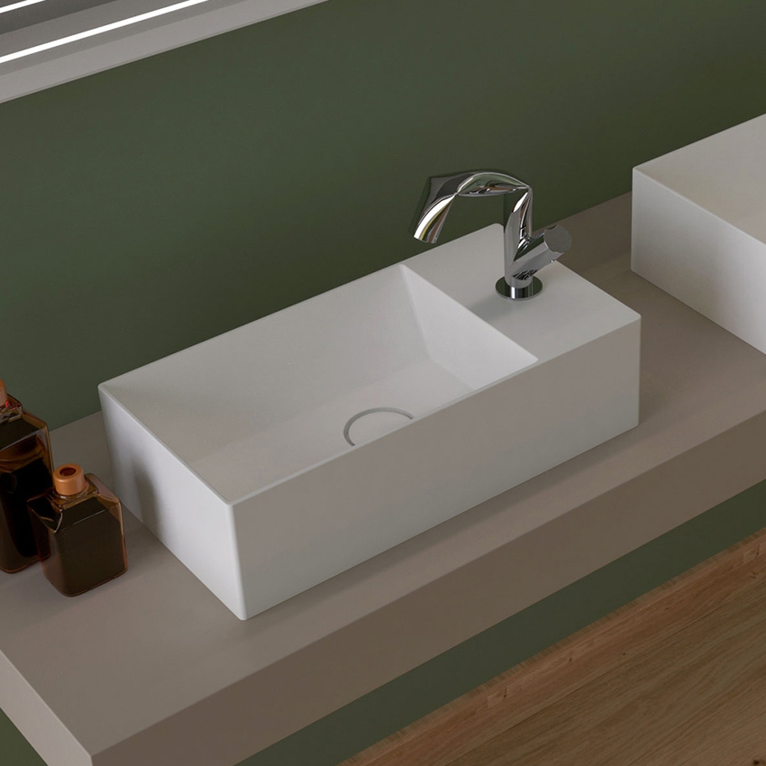 Immagine di Flaminia APPLIGHT 5025 lavabo reversibile L.50 P.25 cm, da appoggio con piano rubinetteria, senza troppopieno, colore bianco finitura lucido AP5025