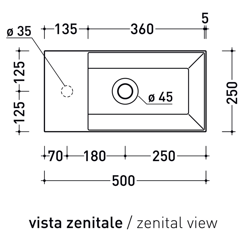 Immagine di Flaminia APPLIGHT 5025 lavabo reversibile L.50 P.25 cm, da appoggio con piano rubinetteria, senza troppopieno, colore bianco latte finitura opaco AP5025LAT