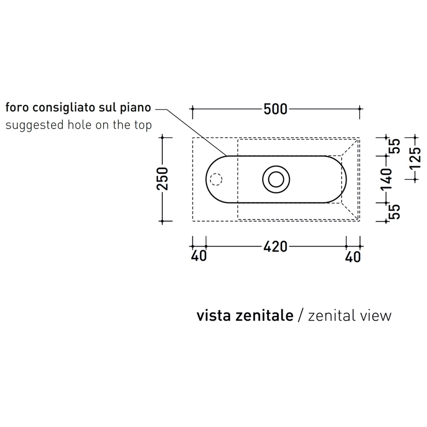 Immagine di Flaminia APPLIGHT 5025 lavabo reversibile L.50 P.25 cm, da appoggio con piano rubinetteria, senza troppopieno, colore bianco latte finitura opaco AP5025LAT