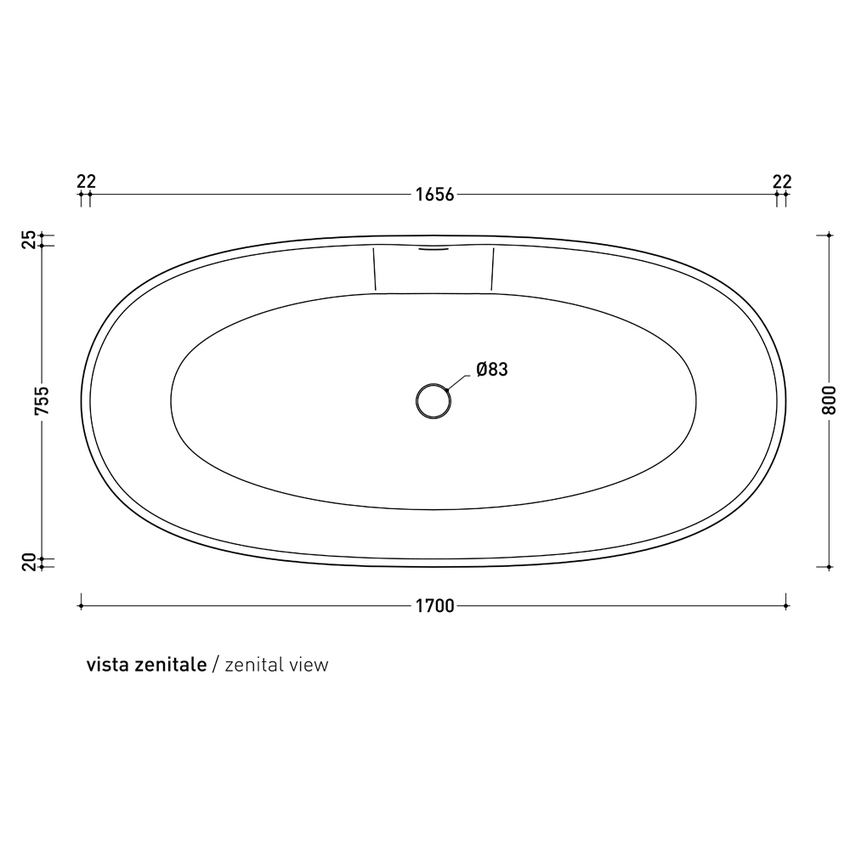 Immagine di Flaminia APP TUB vasca freestanding 170 cm, con troppopieno, colore cenere finitura opaco AP170VCEN