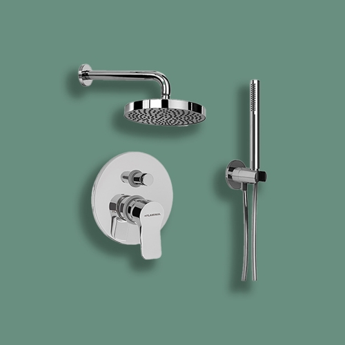 Immagine di Flaminia APP set doccia con miscelatore monocomando ad incasso con deviatore e corpo incasso, soffione rotondo, doccetta, supporto e flessibile, finitura cromo AP295