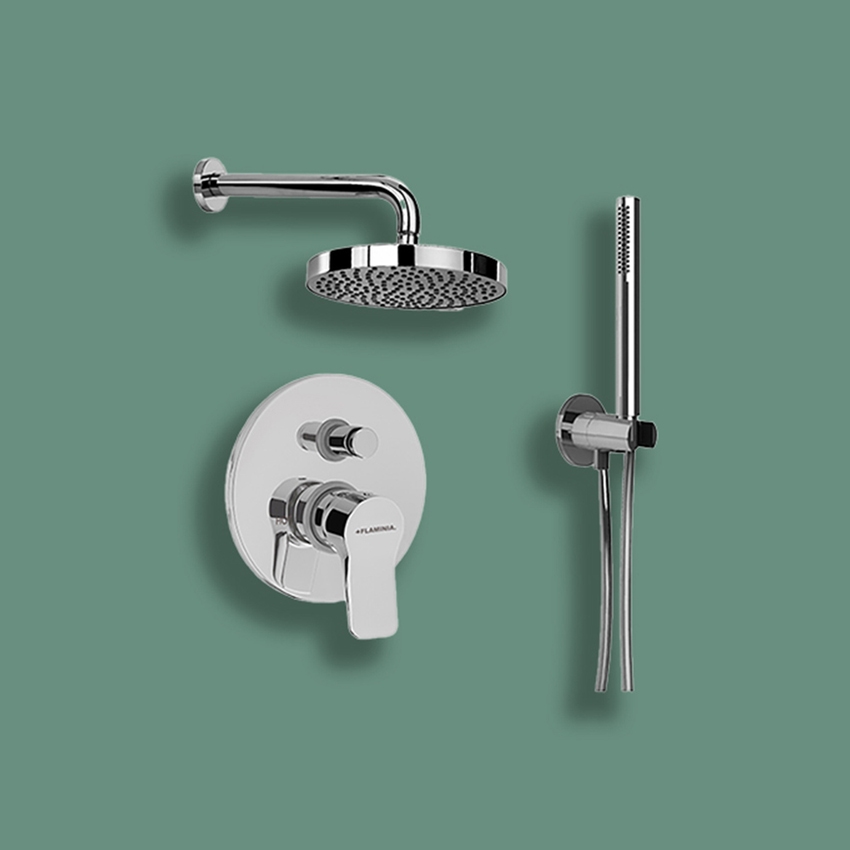 Immagine di Flaminia APP set doccia con miscelatore monocomando ad incasso con deviatore e corpo incasso, soffione rotondo, doccetta, supporto e flessibile, finitura cromo AP295